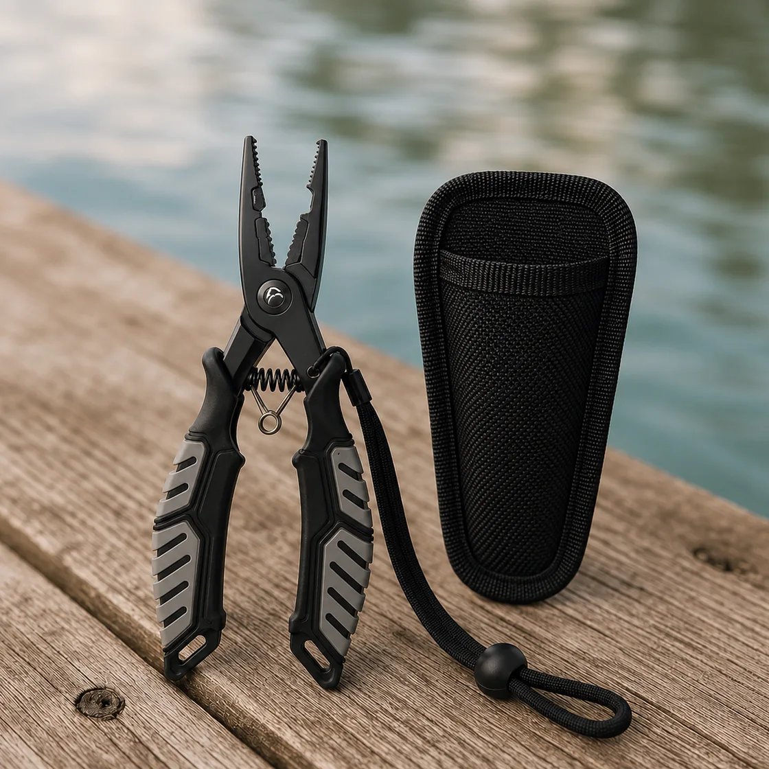 HookGrip stainless steel fishing pliers with TPR grip handles and carry pouch, standing on a dock
