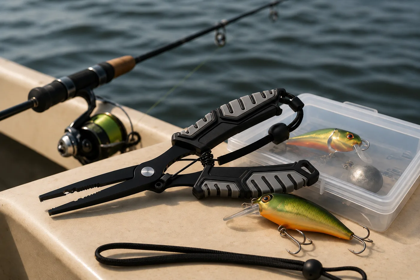 HookGrip fishing pliers on a boat next to a tackle box and rod, ready for a day on the water