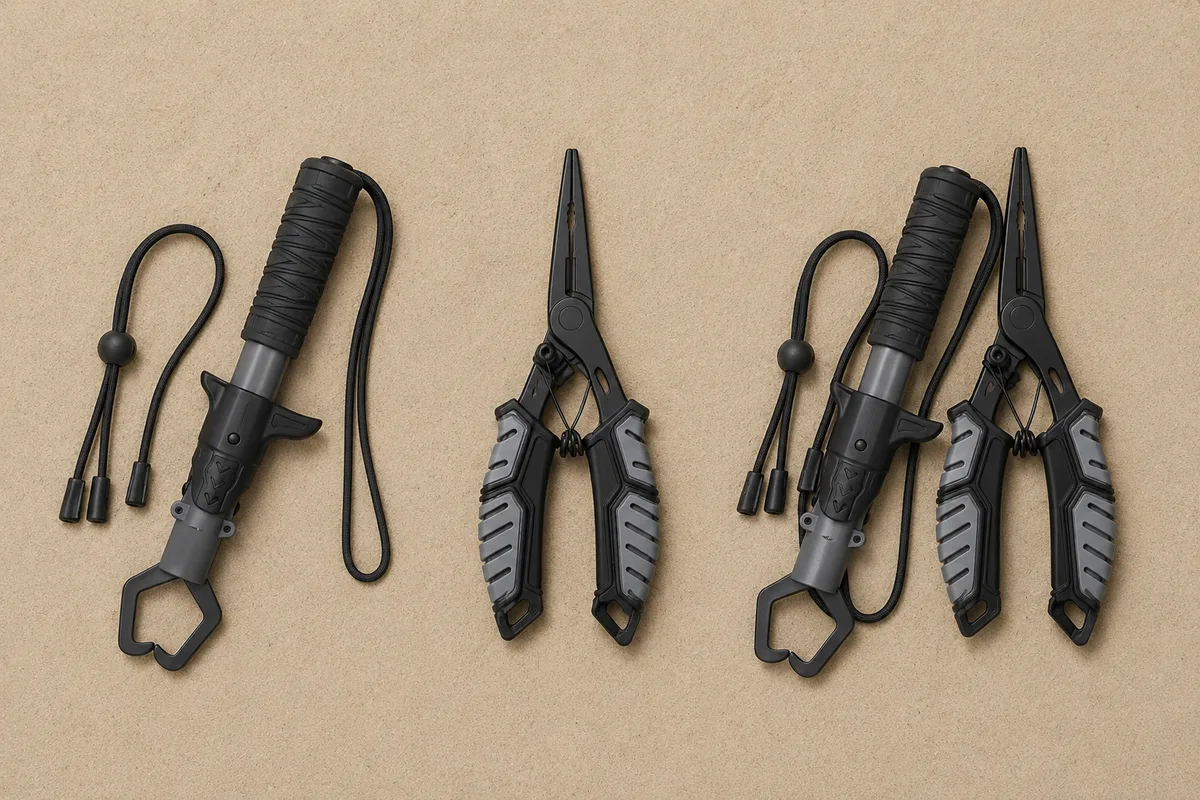 HookGrip fish grippers and long-nose fishing pliers laid out flat on a sand-colored surface