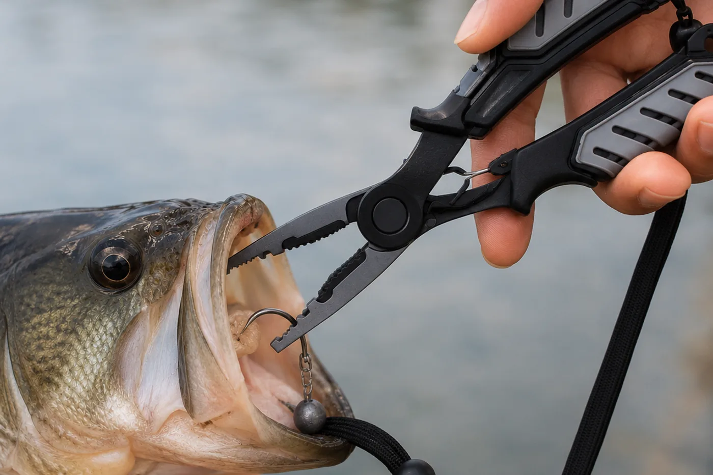 HookGrip pliers reaching into a bass's mouth to back a hook out, held over open water